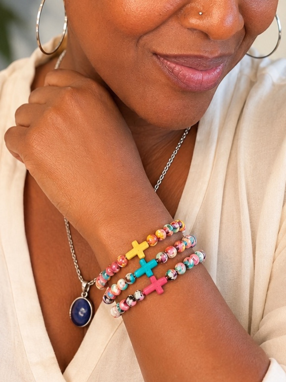 Colorful Beaded Bracelets with Cross Charms